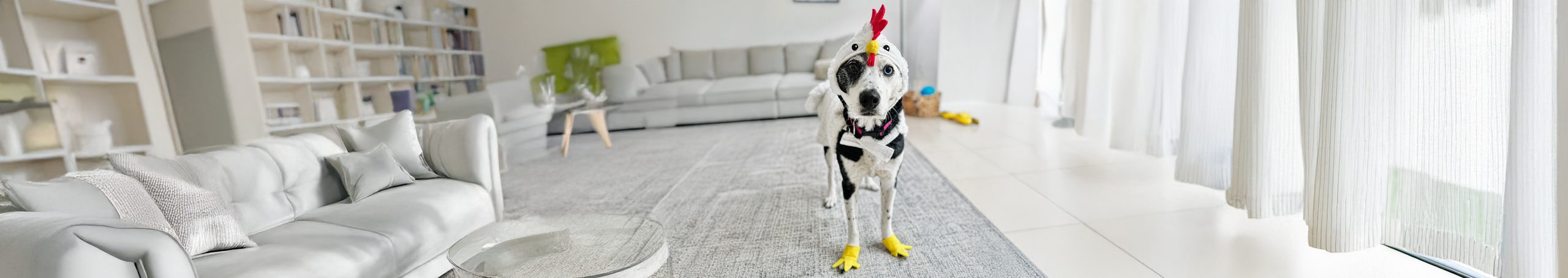 A black-and-white spotted dog in a chicken costume in a bright Florida living room