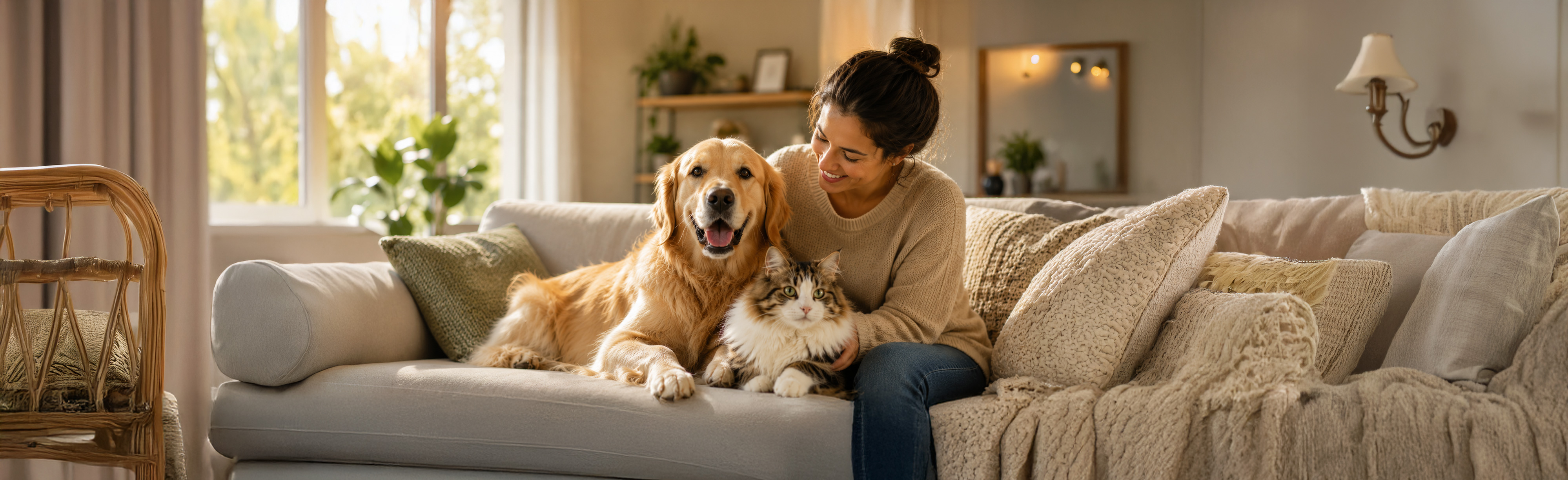 A pet parent cuddling her golden retriever and tabby cat on a warm sunlit couch