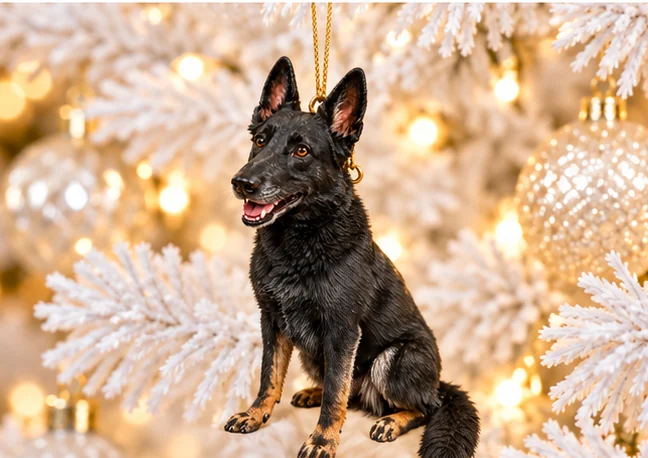 Full-body hand-painted ornament of a German shepherd hanging on a white Christmas tree