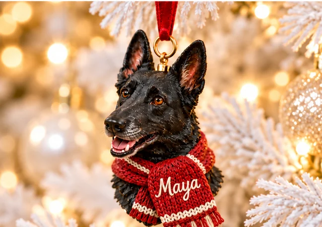 Personalized ornament of a dog wearing a red scarf embroidered with the name Maya